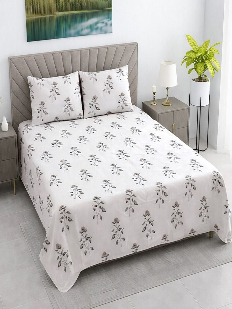 Threadwear White Floral 400 TC Cotton Flat Bedsheet With 2 Pillow cover (Queen)-image-34