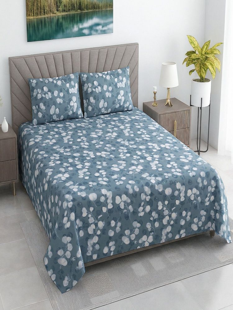 Threadwear Blue Shade Floral Cotton Flat Bedsheet With 2 Pillow cover (Queen)-image-44