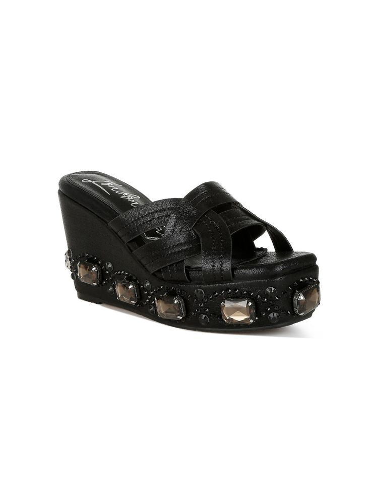 London Rag Womens Black Chunky Diamante Rhinestone Wedges Heels-picture-12