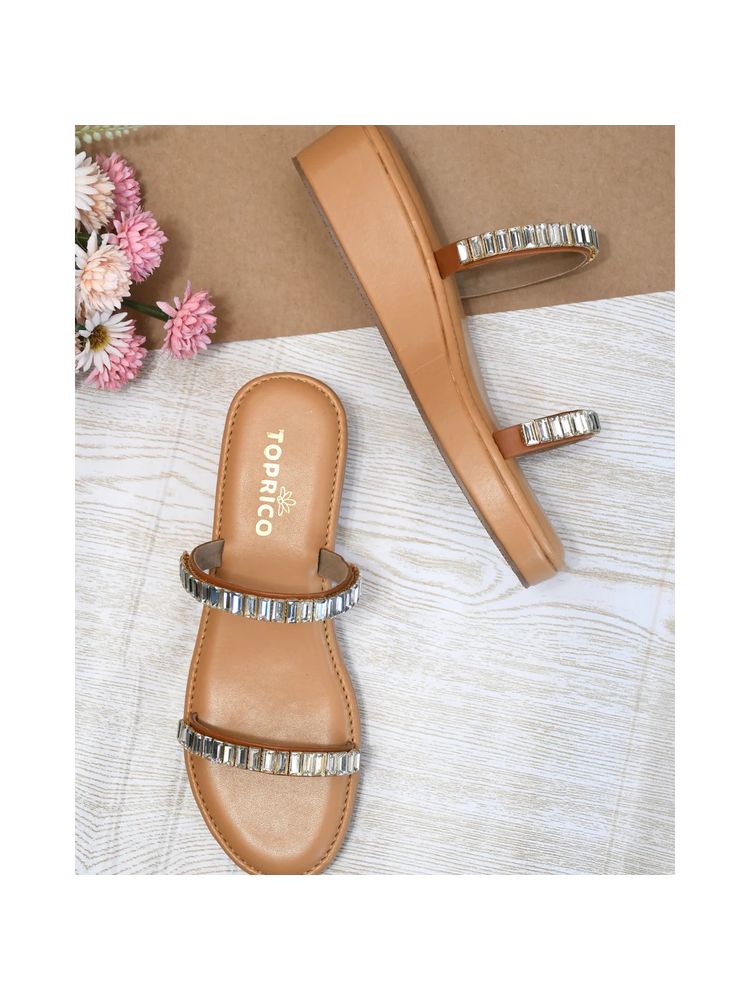 Toprico Two Strap Beads Embellished Tan Wedges