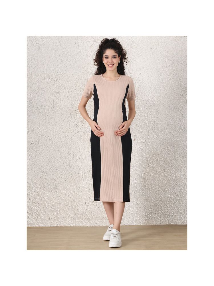 Secret Wish Beige and Black Solid Ribbed Maternity Bodycon Dress-picture-10