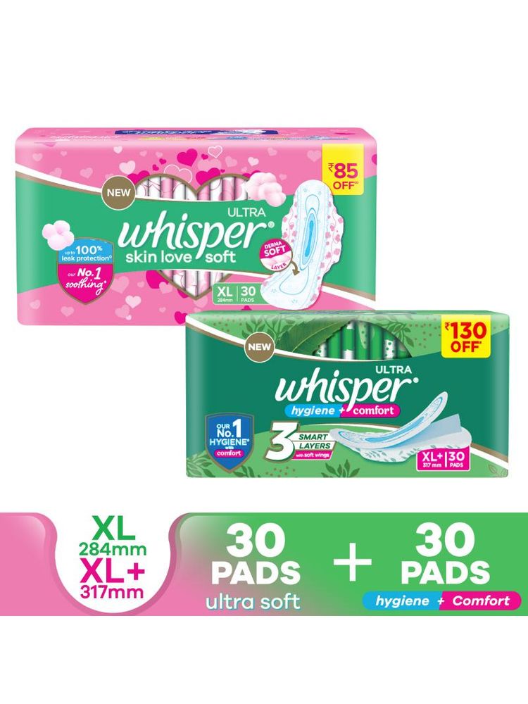 Whisper Ultra Soft XL (30 Pcs) & Ultra Clean XL+ (30 Pcs) Sanitary Pads Combo