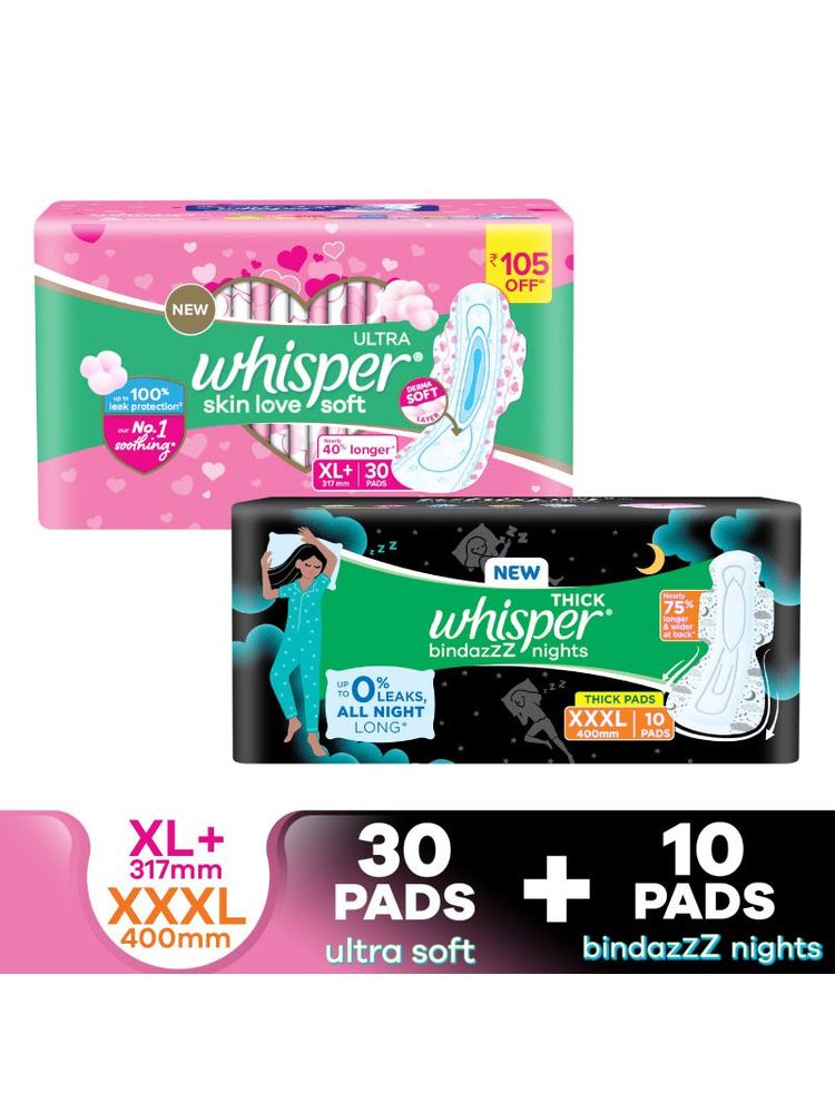 Whisper Ultra Nights XXXL Wings (10 Pcs) + Ultra Soft XL+ (30Pcs) Sanitary Pads Combo