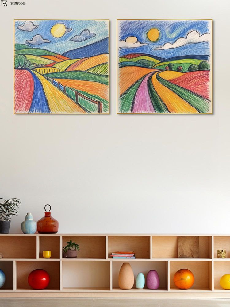 Nestroots Crayon Hand Drawn Canvas Kids Room Wall Painting with Gold Floating Frame (Pack of 2)-image-8