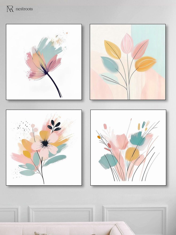 Nestroots Elegant Blooming Flowers Painting with Black Floating Frame (Pack of 4)-picture-14
