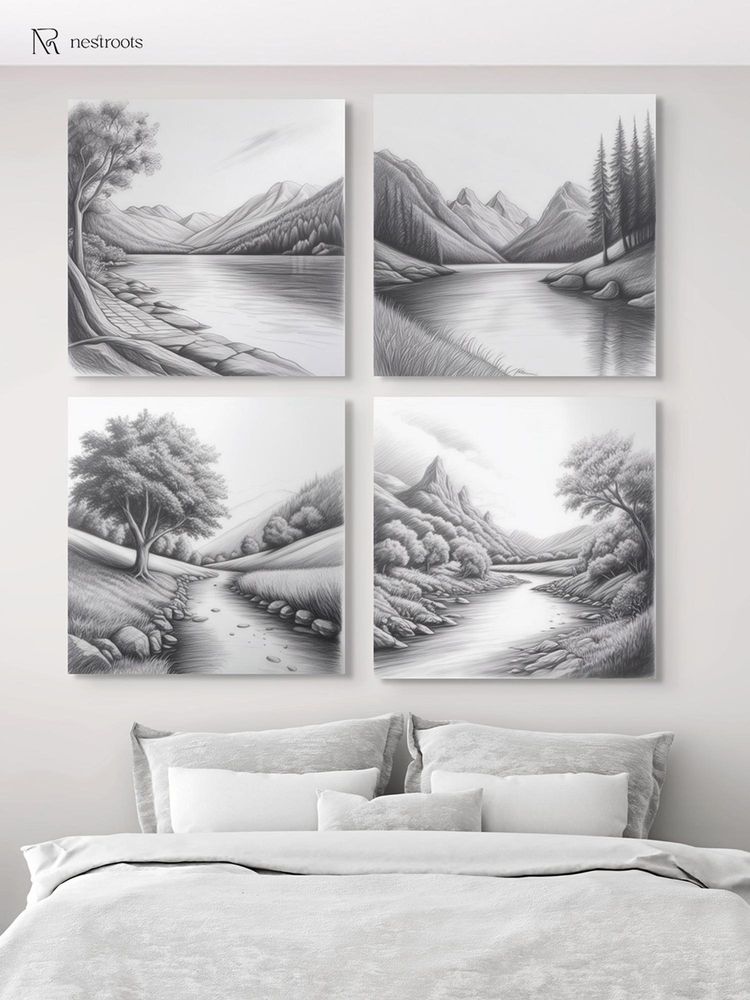 Nestroots Serene River and Tree Art Canvas Printed Wall Painting - Multi-Color Stretch (Pack of 4)-image-9