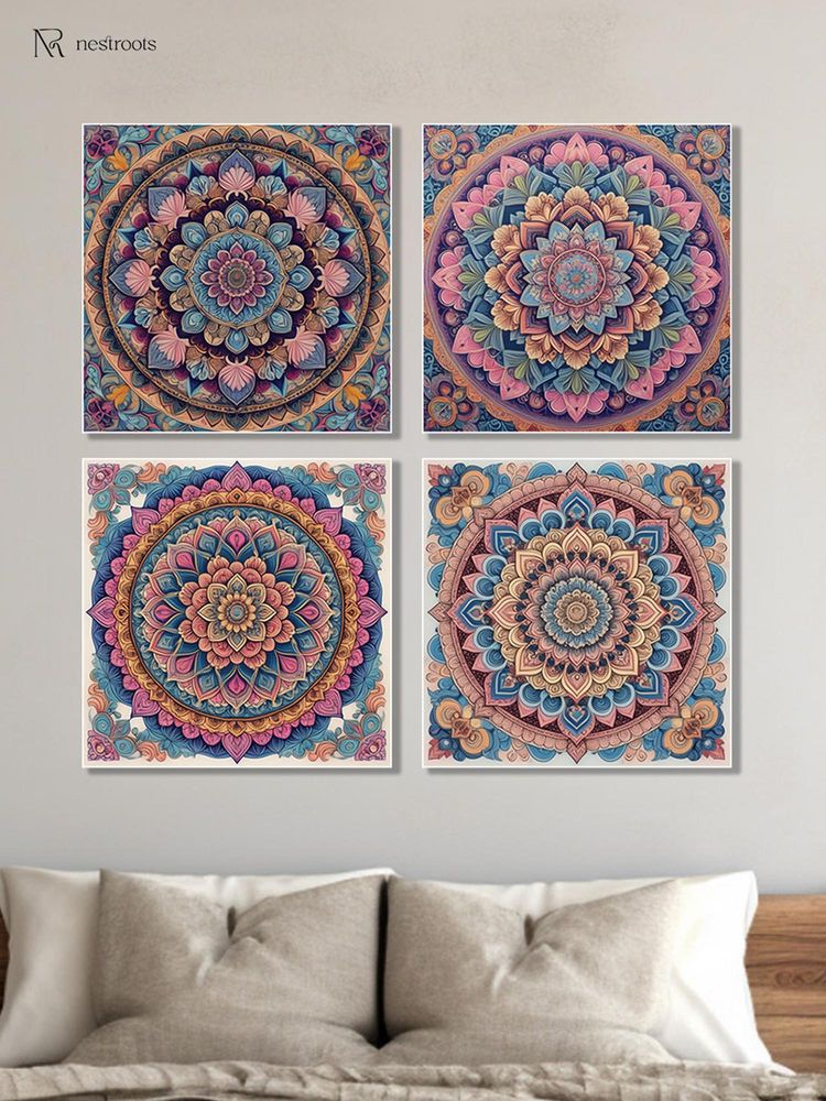 Nestroots Intricate Mandala Flower Canvas Wall Painting with White Floating Frame (Pack of 4)-image-5