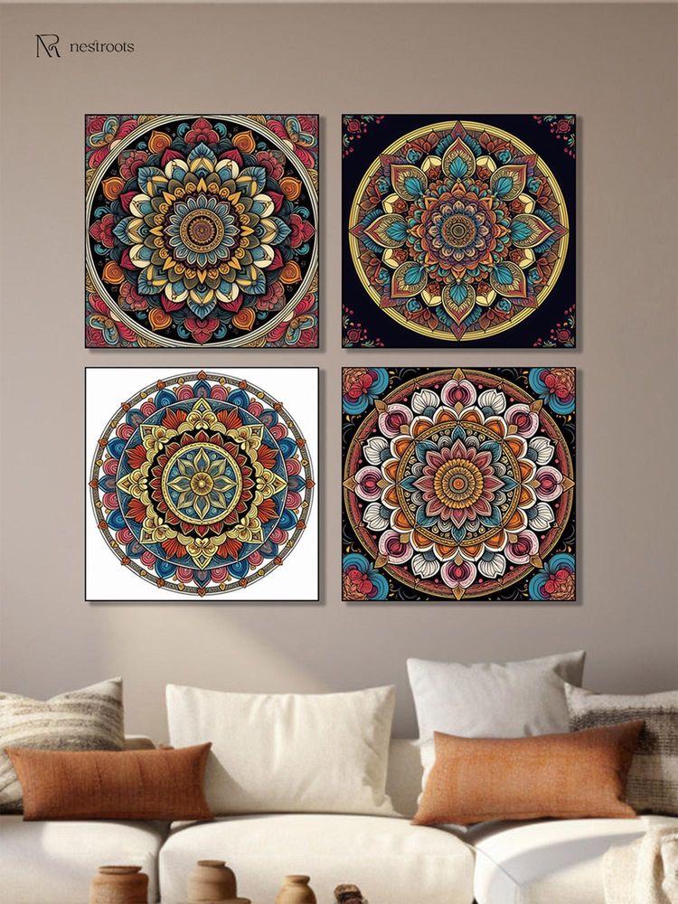 Nestroots Vibrant Floral Circle Canvas Printed Wall Painting with Black Floating Frame (Pack of 4)-image-6