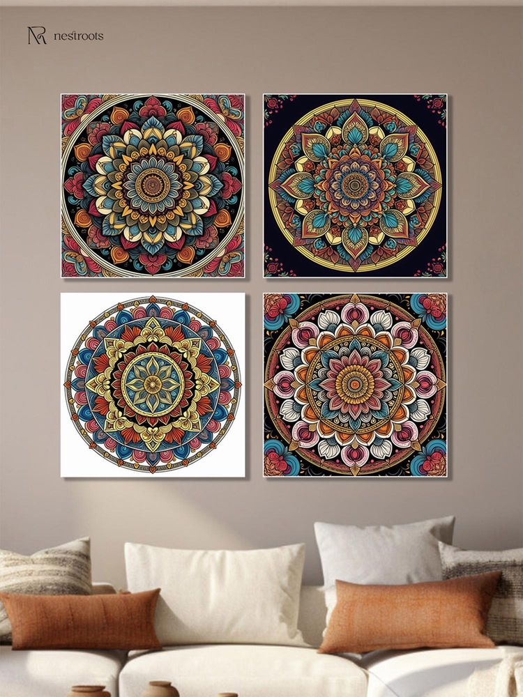 Nestroots Vibrant Floral Circle Canvas Printed Wall Painting with White Floating Frame (Pack of 4)-image-4
