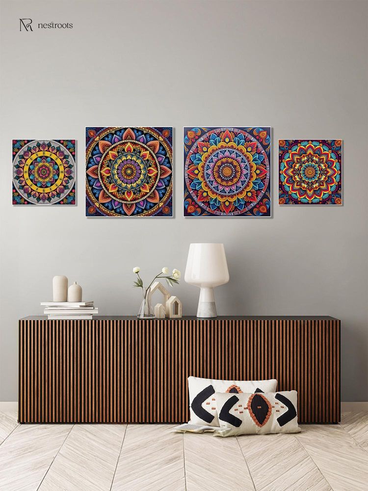 Nestroots Elegant Mandala Canvas Art Collection Wall Painting with White Floating Frame (Pack of 4)-picture-1