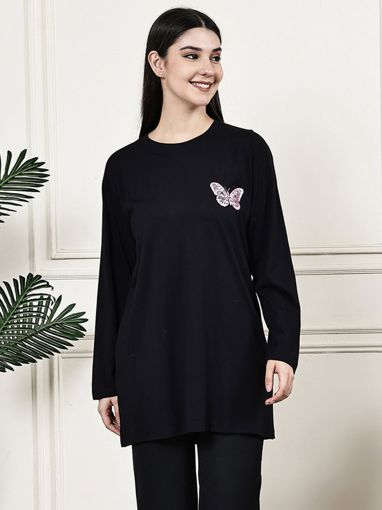 Kanvin Women Black Long T-Shirt with Slit-picture-19
