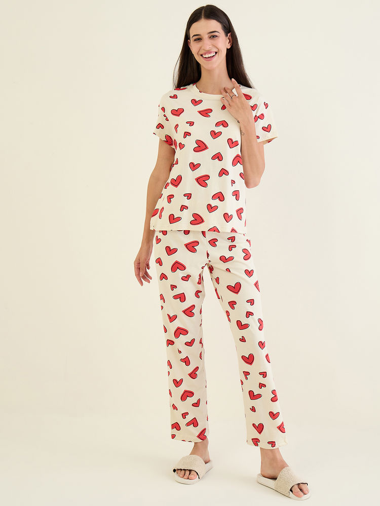 Sweet Dreams Women Cream Printed T-shirt & Pyjama-picture-42