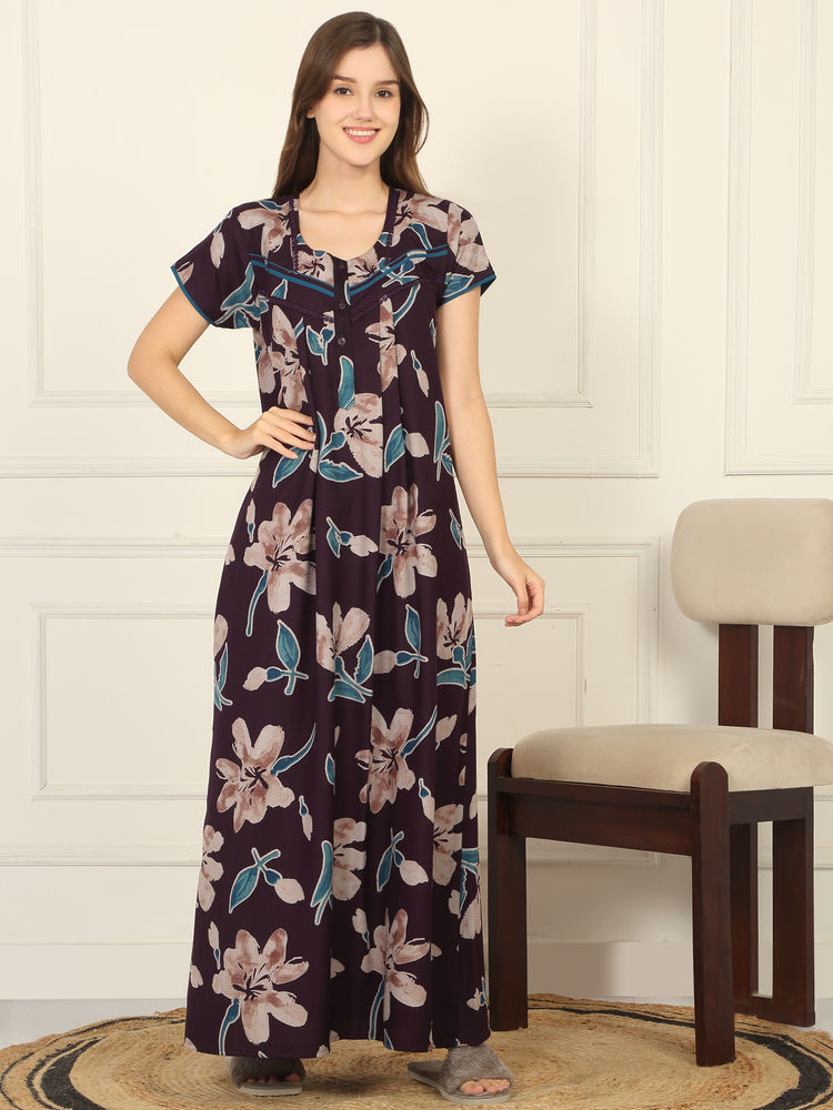 Sweet Dreams Women Wine Floral Printed Full Length Night Dress-picture-26