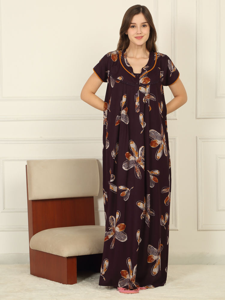 Sweet Dreams Women Wine Floral Printed Full Length Night Dress-picture-25