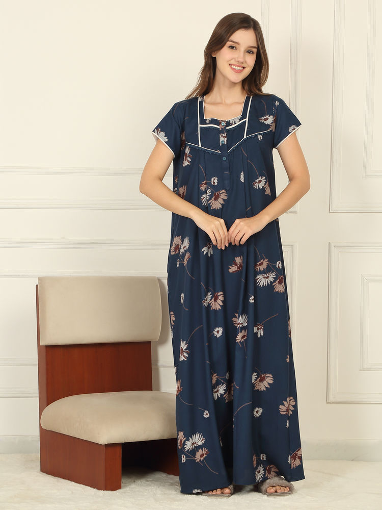 Sweet Dreams Women Navy Blue Floral Printed Full Length Night Dress-picture-30