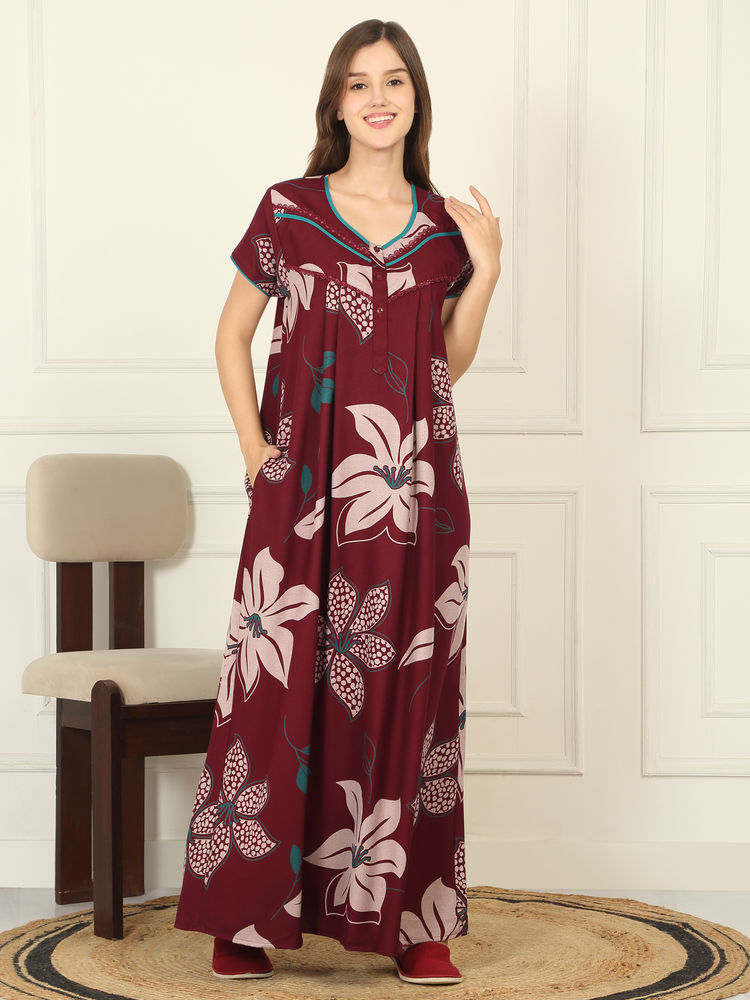 Sweet Dreams Women Maroon Floral Printed Full Length Night Dress-picture-27