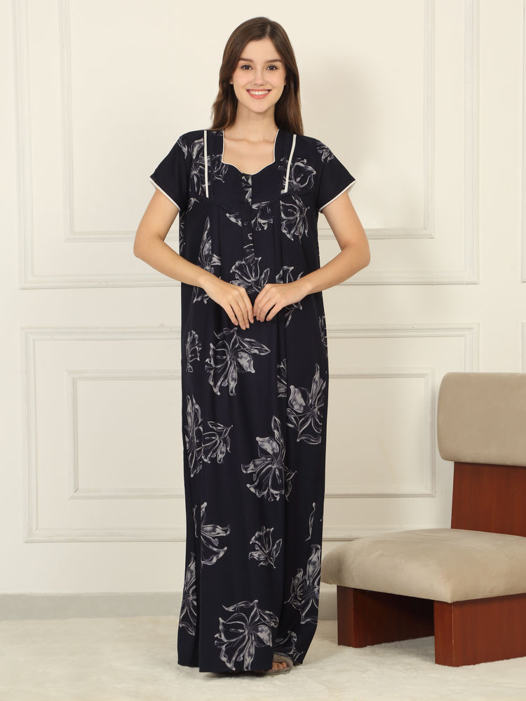 Sweet Dreams Women Navy Blue Floral Printed Full Length Night Dress-picture-31