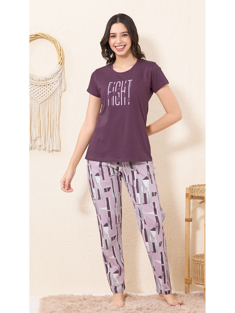 Quira Women Mauve Printed Regular Fit T-shirt & Pyjama-image-8