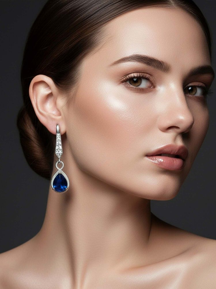 I Jewels Silver Plated Blue Cubic Zirconia Studded Earrings Women-image-4