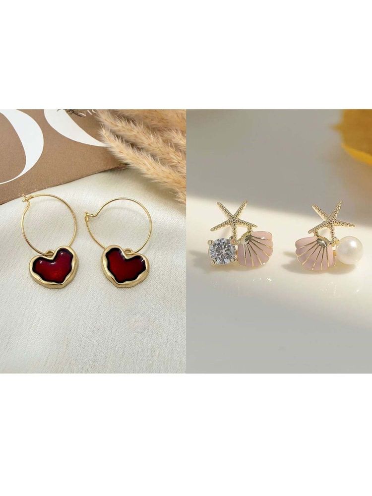 ISHKAARA Red Heart Hoops And Sea Star Studs Earrings Combo Set-image-48
