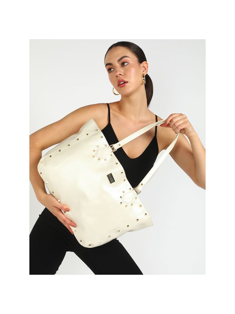 KLEIO Gold Studded Tote Shoulder Hand Bag for Women- Ho4011Kl-Pw Pearl White-image-3