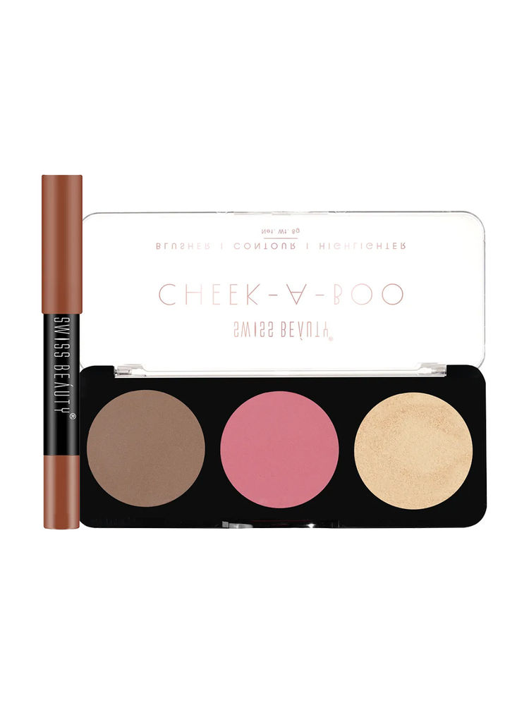 Swiss Beauty Cheeak-A-Boo 3 In 1 Blusher, Contour & Highlighter With Non Transfer Lipstick