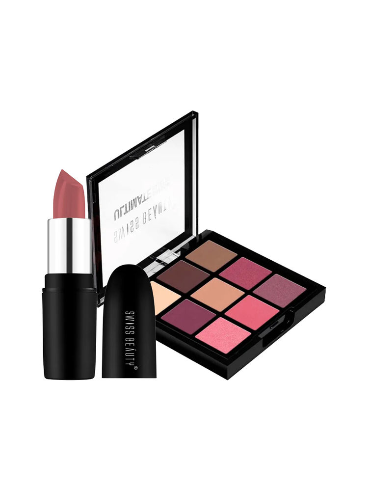 Swiss Beauty Pure Matte Lipstick With Ultimate 9 Colors Eyeshadow Palette
