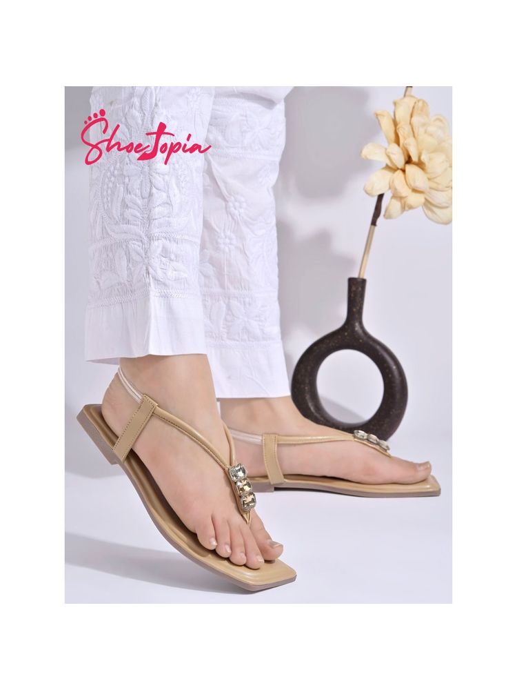 Shoetopia Embellishment Gemstones Jewels Detailed Beige Flat T Strap for Women-image-2