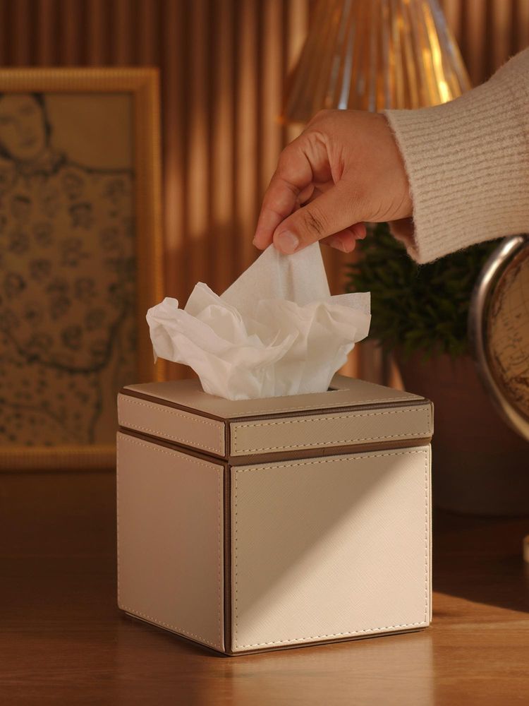 Pure Home + Living Beige Faux Leather Square Tissue Box-image-4