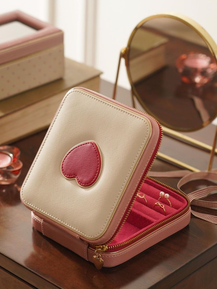 Pure Home + Living Beige Red Heart Faux Leather Jewellery Box-image-5