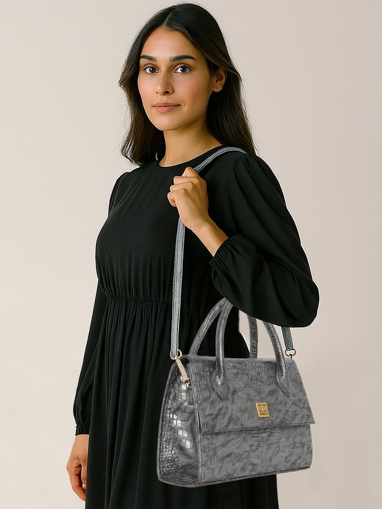ESBEDA Grey Colour Croco Texture Handbag with Detachable Strap (M)-picture-13