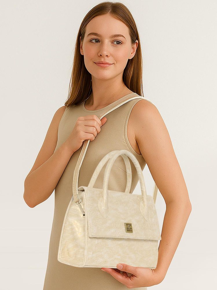 ESBEDA White Gold Colour Croco Texture Handbag with Detachable Strap (M)-picture-30