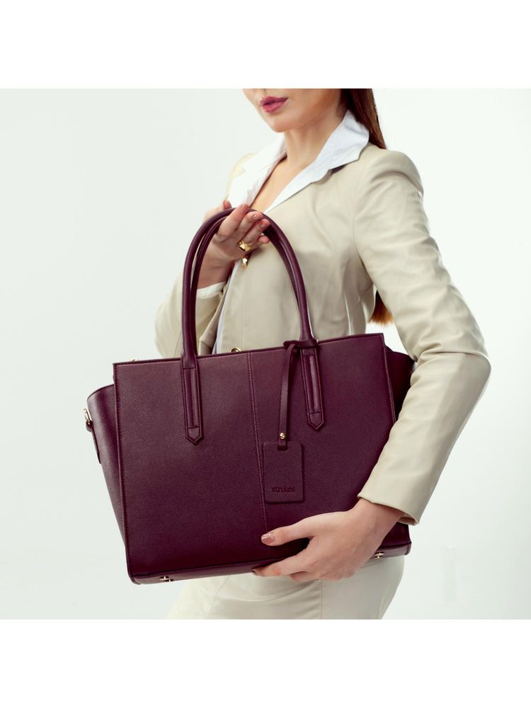 Strokes by Namrata Mehta Burgundy Belle Valeria Tote Bag with Detachable Strap-image-25
