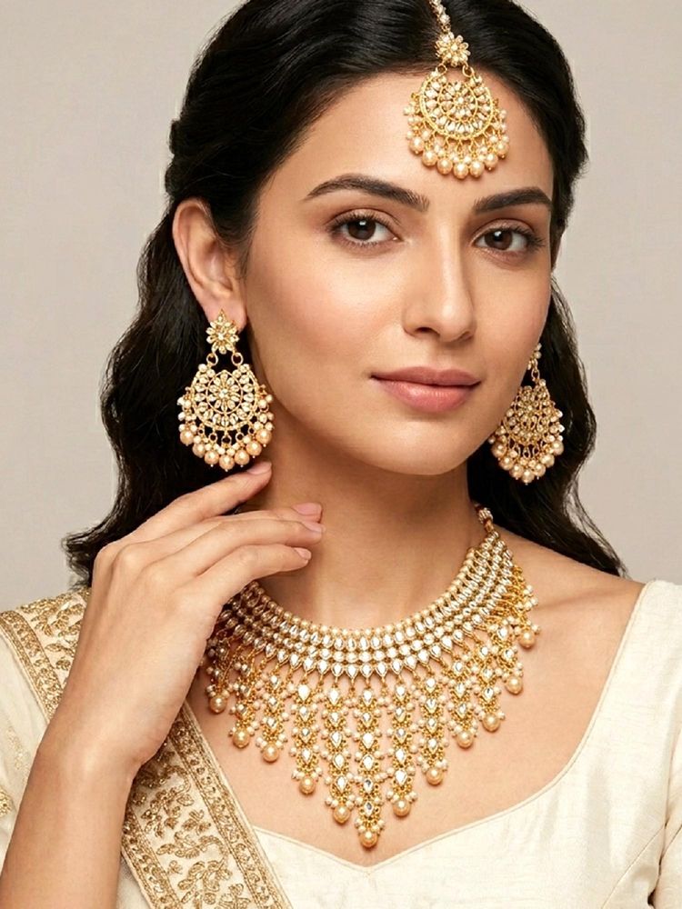 Peora Kundan Beads Studded Gold Plated Necklace with Earrings & Maangtikka-picture-17