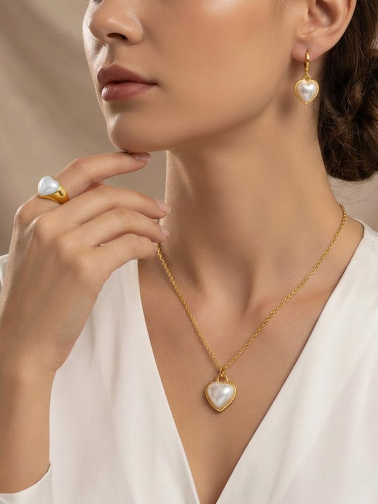 Peora Pearl Studded Gold Plated Heart Shape Pendant Chain with Earrings & Ring-picture-21