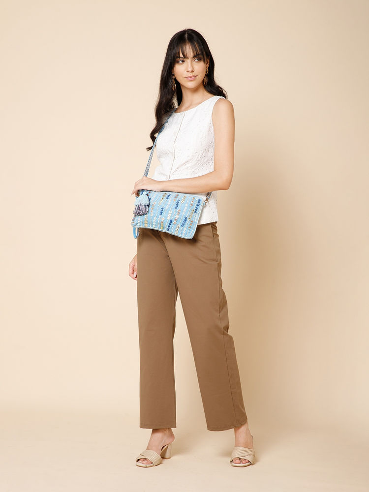 Anekaant Glid Powdered Blue Corduroy Floral Sequined Sling Bag-image-6