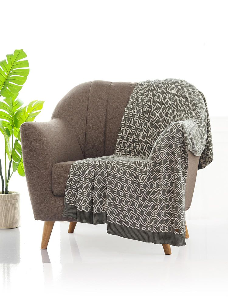 PLUCHI Geometric Fossil & Natural Color 100% Cotton Knitted All Season Ac Throw Blanket-image-4