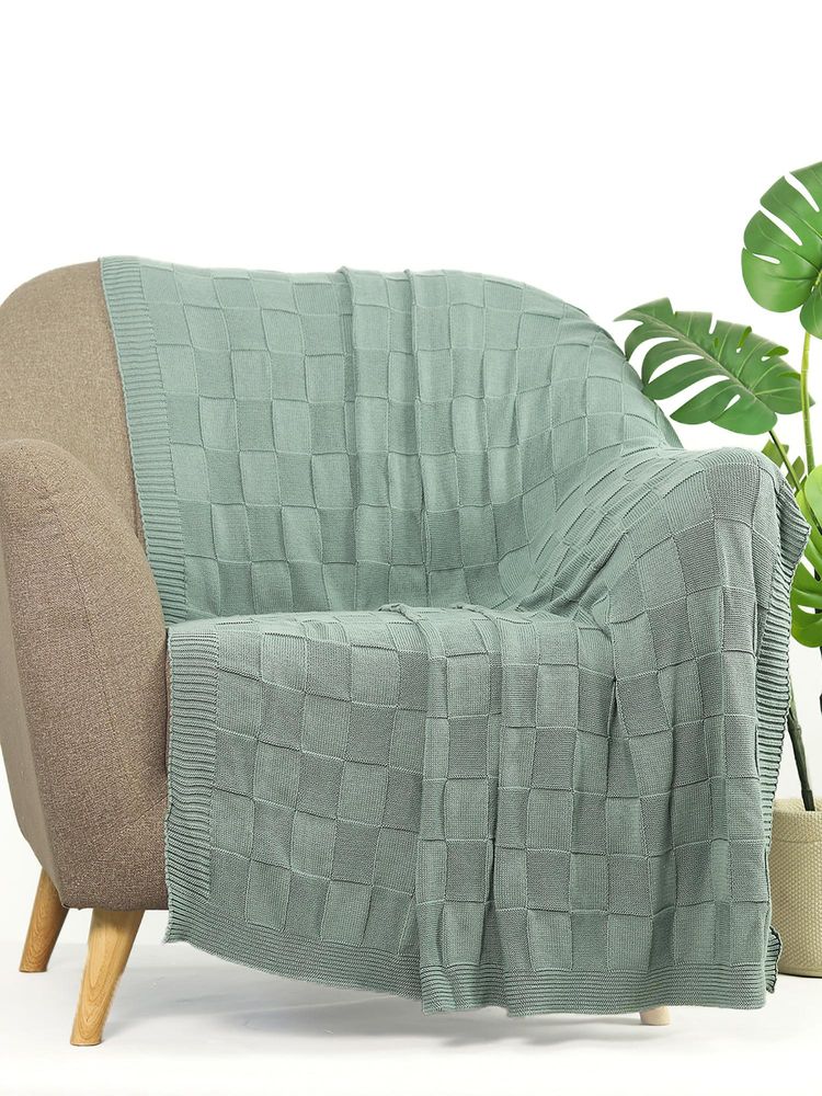 PLUCHI Square Check Cotton Knitted All Season Ac Throw Blanket (Blue Daisy)-image-23