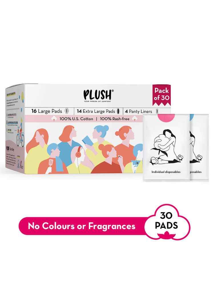 Plush L + XL Sanitary Pads with Disposable Pouches - 30 Pcs + 4 Free Panty Liners