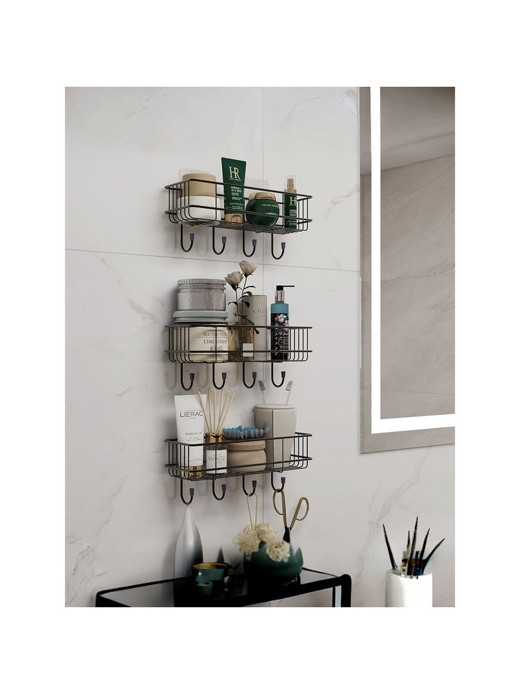 Plantex Gi Steel Multipurpose Bathroom Shelves with Hooks (Pack Of 3) (Black)-picture-37