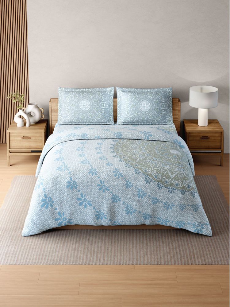 SPACES Zera Hygro Cotton 233TC Percale Weave Ornate Print Bedsheet With 2 Pillow Covers Blue King-image-40