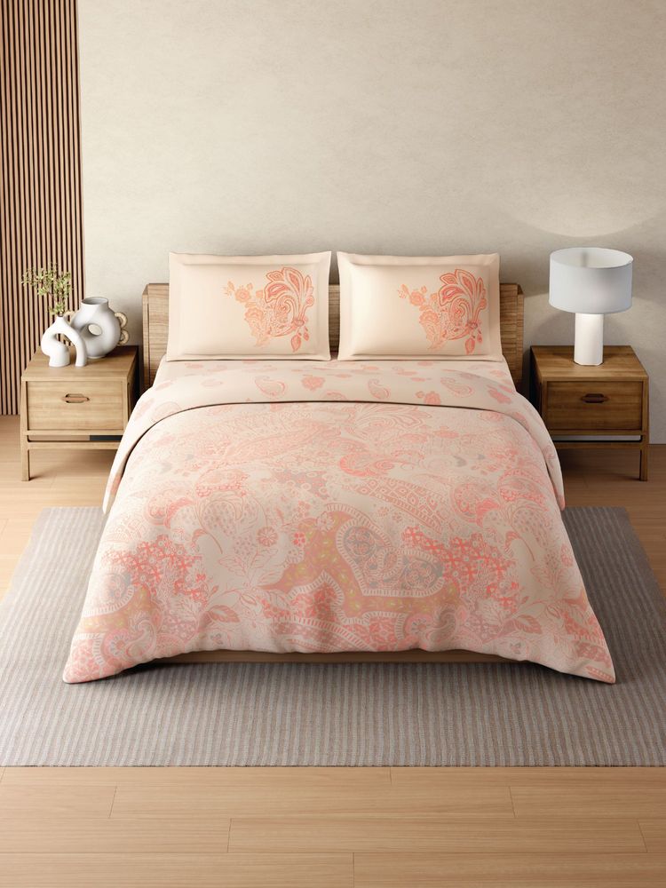 SPACES Zera Hygro 233TC Percale Weave Ornate Bedsheet & Quilt With 2 Pillow Covers Orange Double-image-13