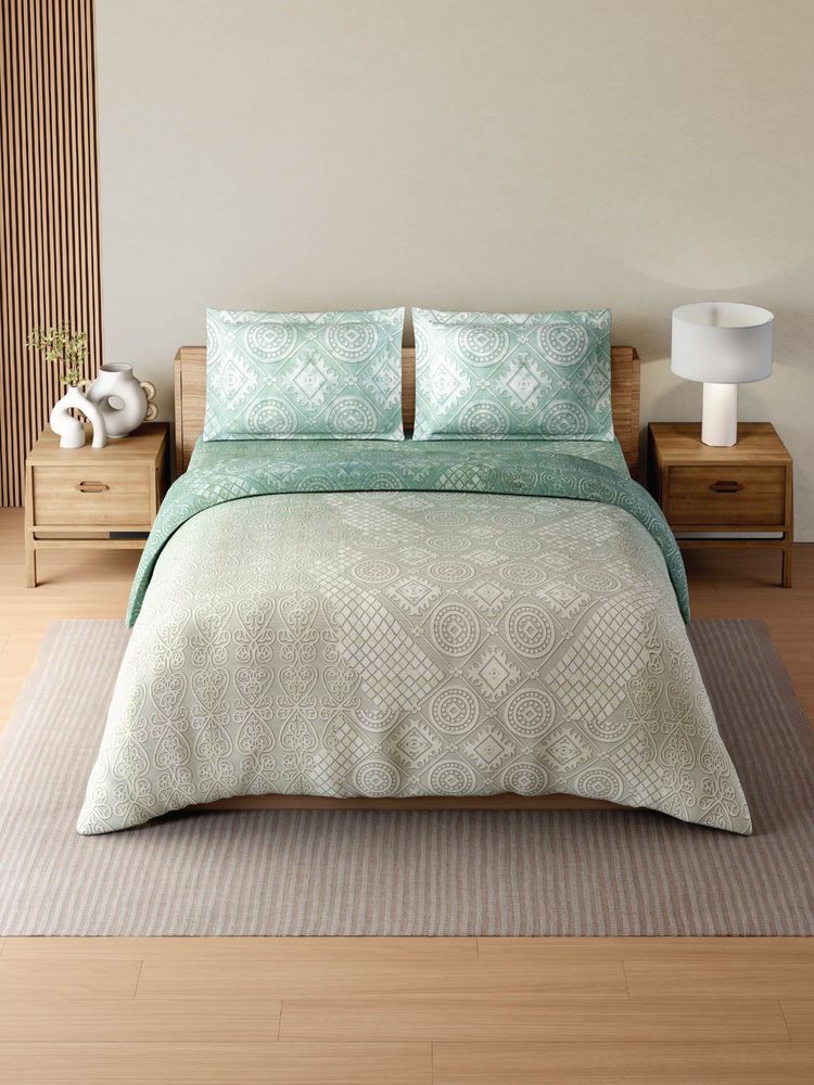 SPACES Zera Hygro 233TC Percale Weave Ornate Bedsheet & Quilt With 2 Pillow Covers Teal Double-image-39