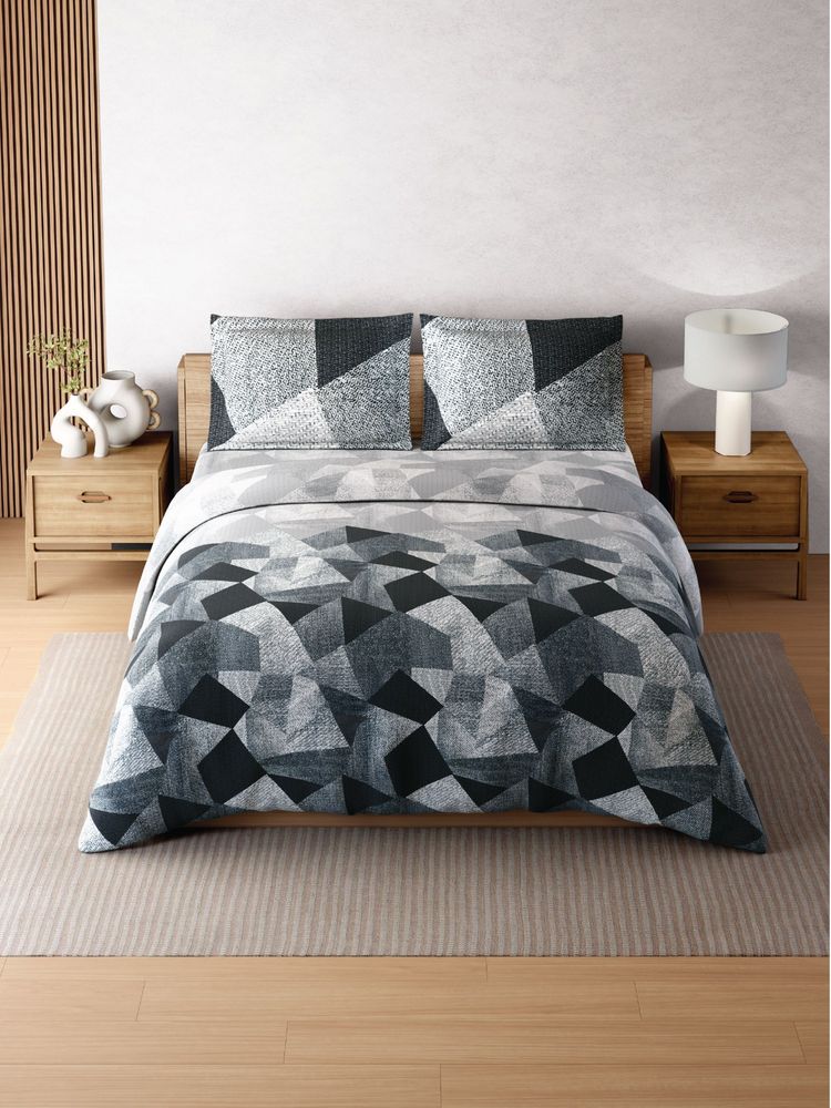 SPACES Zera Hygro Cotton 233TC Percale Geometric Design Bedsheet With 2 Pillow Covers Grey King-image-22