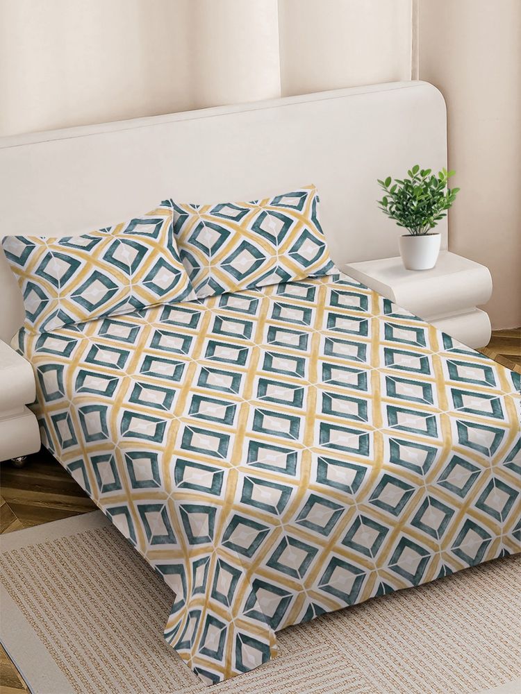 FABINALIV Geometric 300TC Cotton Blend Bedsheet With 2 Pillow Covers Multi-Color King-image-2