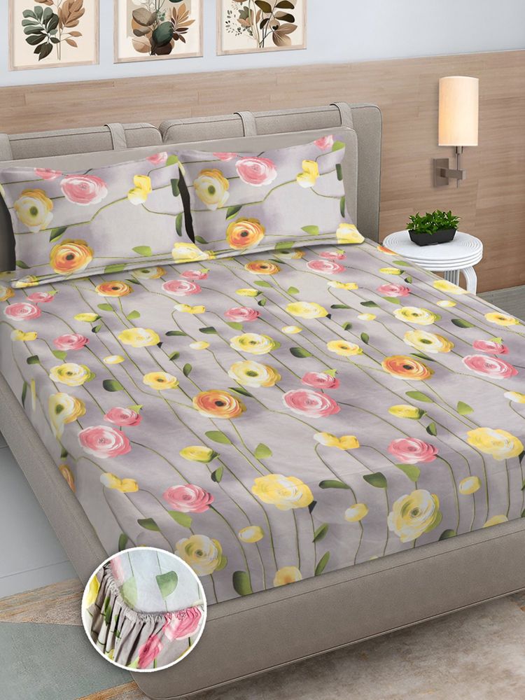 FABINALIV Multicolor Floral 300TC Cotton Blend 7D Fitted Bedsheet With 2 Pillow Covers King-image-8