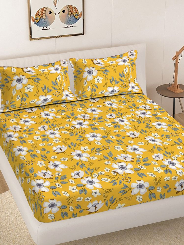 FABINALIV Yellow Floral 300TC Cotton Blend Fitted Bedsheet With 2 Pillow Covers King-image-25