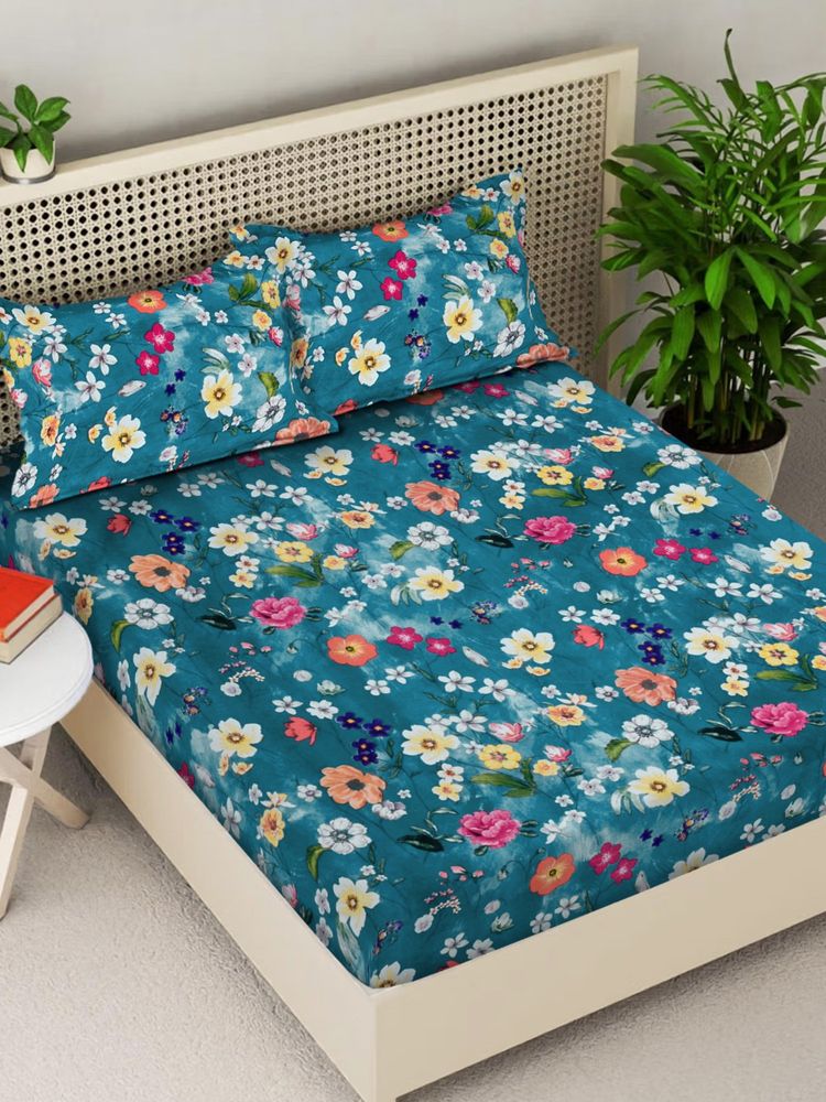 FABINALIV Rama Blue Floral 300TC Cotton Blend Fitted Bedsheet With 2 Pillow Covers King-image-28