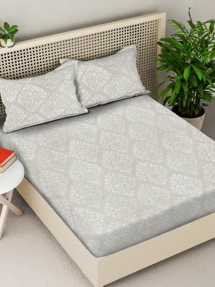 FABINALIV Cream Ethnic 300TC Cotton Blend Fitted Embossed Bedsheet With 2 Pillow Covers King-image-33