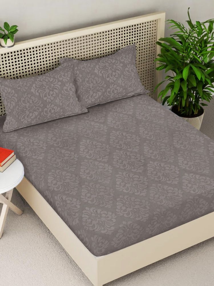 FABINALIV Taupe Ethnic 300TC Cotton Blend Fitted Embossed Bedsheet With 2 Pillow Covers King-image-2